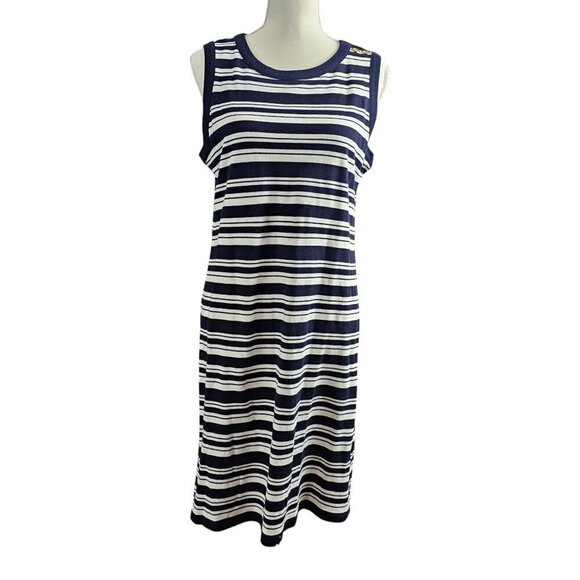 Talbots Knit Double Breast Ivory & Navy Blazer Stripe Cotton Midi Dress Set - Picture 7 of 12